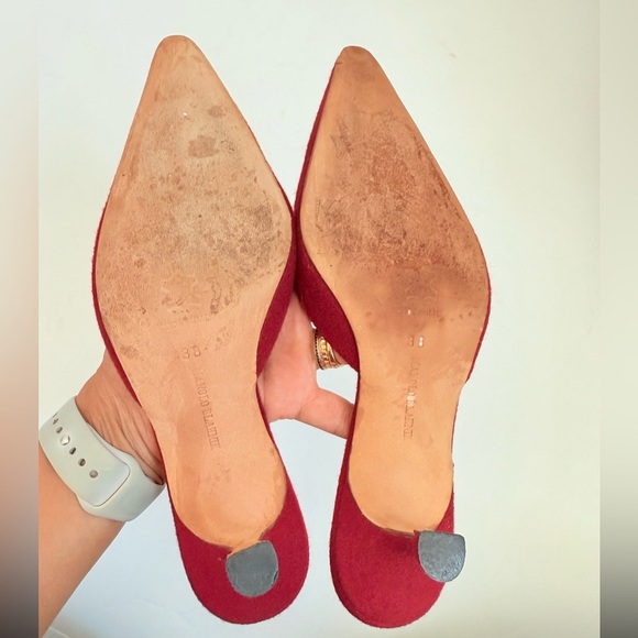 Manolo Blahnik Vintage Red Wool embroidered pointed toe kitten heel mules EU 38 - Picture 8 of 9